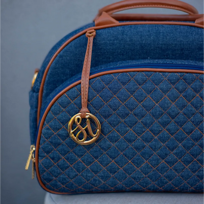 Bolsa da Mamãe - Jeans Azul Marinho com Detalhes em Couro Caramelo