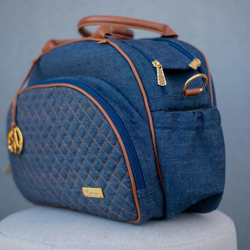 Bolsa da Mamãe - Jeans Azul Marinho com Detalhes em Couro Caramelo