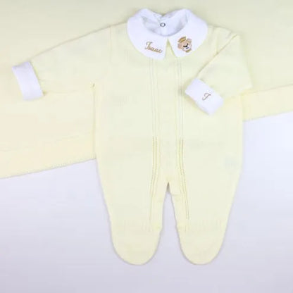 Saída De Maternidade Masculina Bebê Tricô 5 Peças Londres - ACOMPANHA BODY PERSONALIZADO                                                                        Amarelo