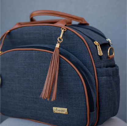 Bolsa da Mamãe - Linho Preto com Detalhes em Couro Caramelo