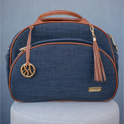 Bolsa da Mamãe - Linho Preto com Detalhes em Couro Caramelo