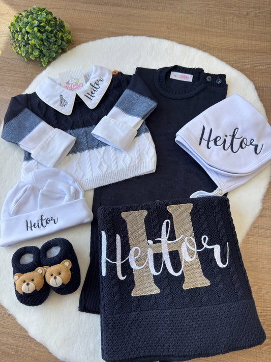 Kit Saída de Maternidade Heitor em Tricot Premium - Verde e Branco | Personalize Com o Nome do Seu Príncipe