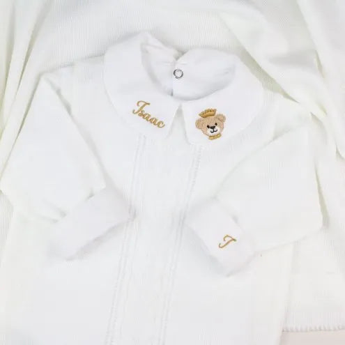 Saída De Maternidade Masculina Bebê Tricô 7 Peças Londres - ACOMPANHA BODY PERSONALIZADO                                                                        Branco