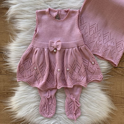 Saida Maternidade Lacinho e Pérolas 3 Peças Rosa