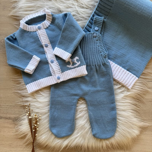 Saída Maternidade Detalhe Cavalinho 3 Peças Azul