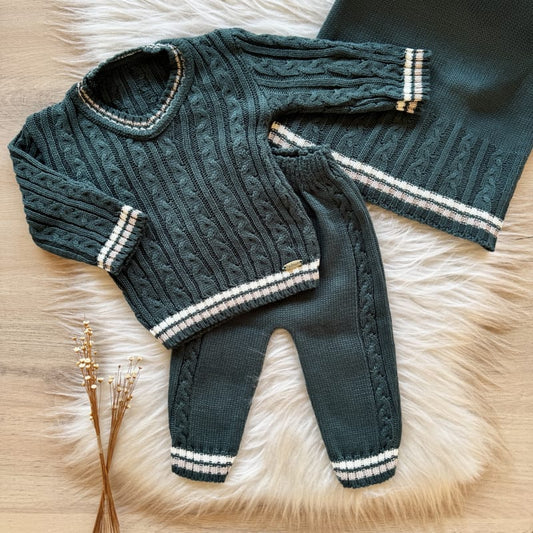 Saida Maternidade Trama Canelada Casaco Gola V, Calça e Manta Verde