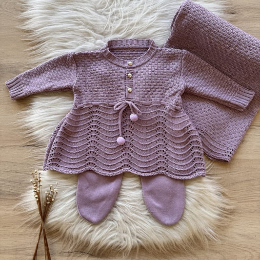 Saída Maternidade Lacinho Pompom 3 Peças Lavanda