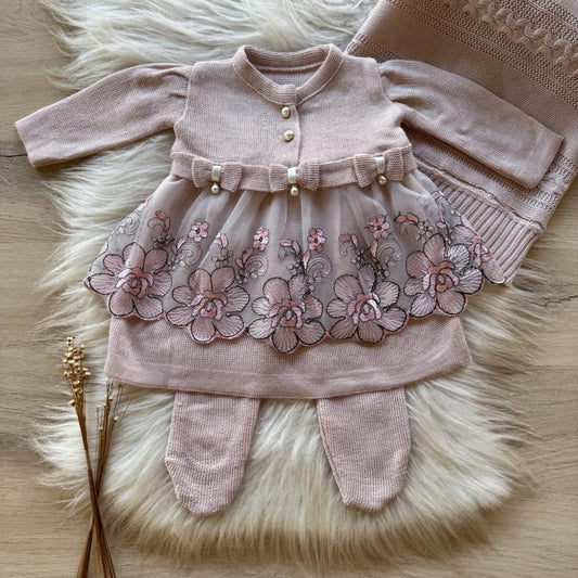 Saída Maternidade Detalhe Gripier 3 Peças Rosê com Bordado Preto