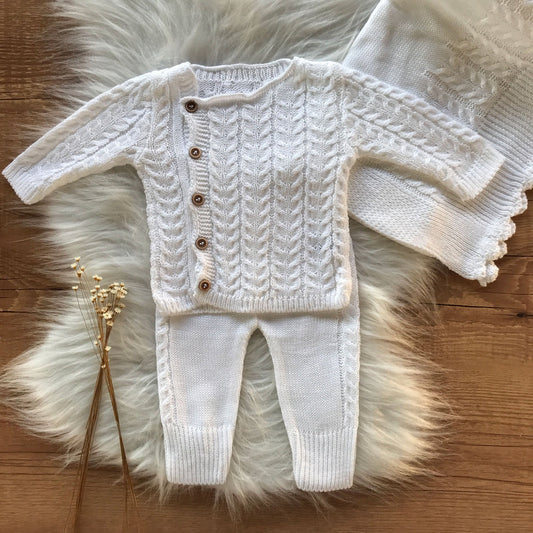Saída Maternidade Casaco, Calça e Manta Trama Detalhada Branco