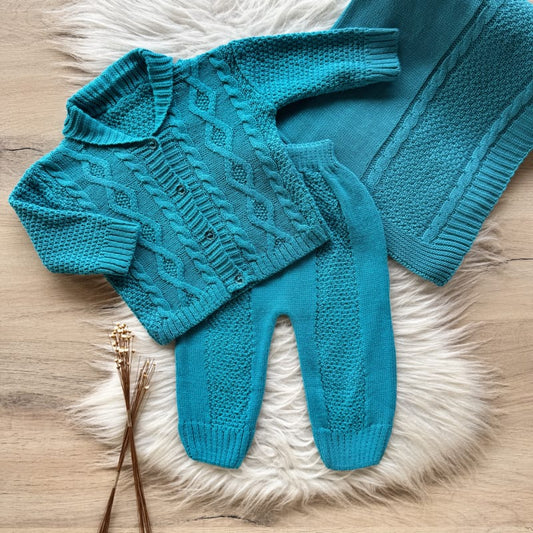 Saída Maternidade Casaco com Golinha e Trama Ondulada 3 Peças Turquesa