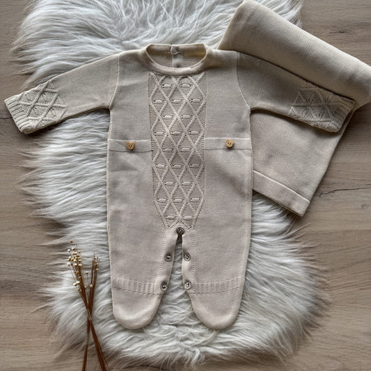 Saída Maternidade Bordado Trama Frontal com Bolhas 2 Peças Bege