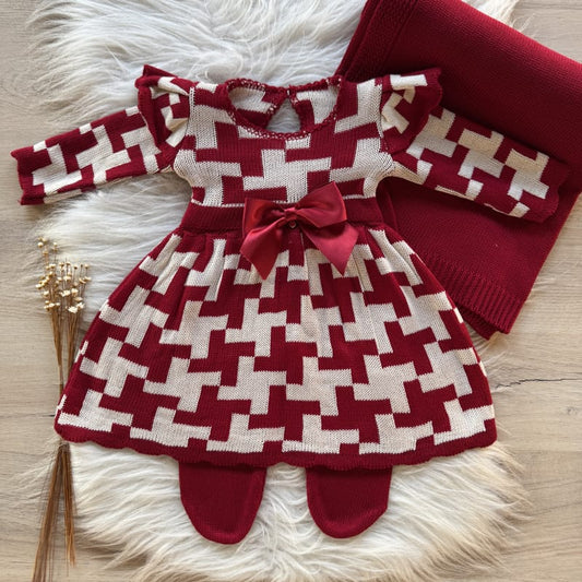 Saída Maternidade Bicolor com Laço Luxo 3 Peças Vermelho e Bege