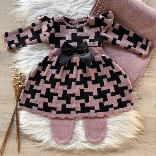 Saída Maternidade Bicolor com Laço Luxo 3 Peças Rosa Prata e Preto