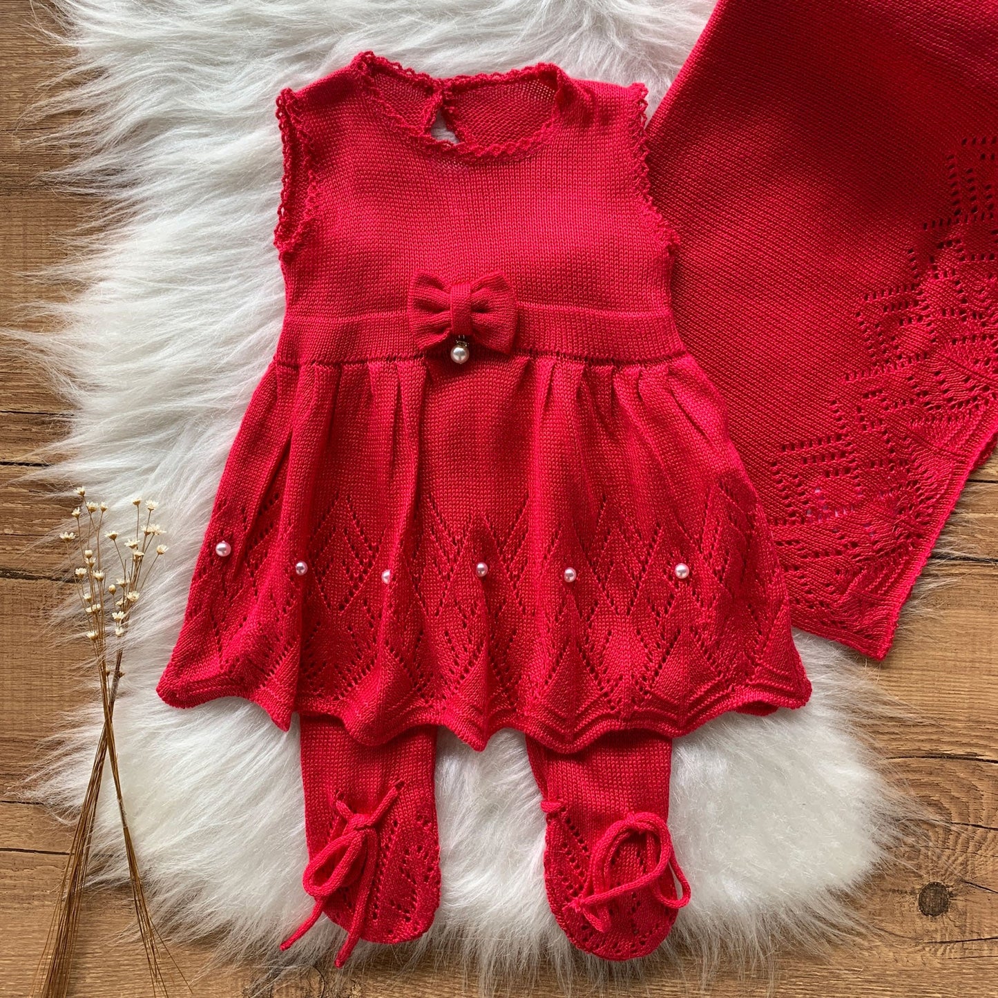 Saida Maternidade Lacinho e Pérolas 3 Peças Coral